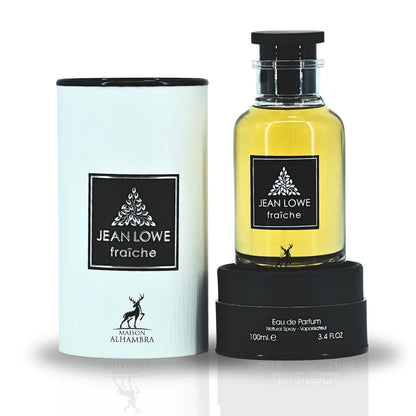 Perfume bottle and packaging with a brand logo on a white background