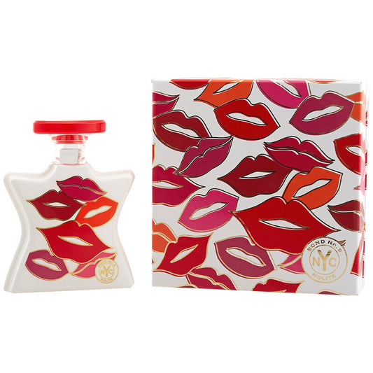Perfume bottle and packaging with red and pink lip designs on a white background
