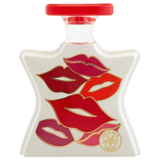 Perfume bottle with red and pink lips design on a white background
