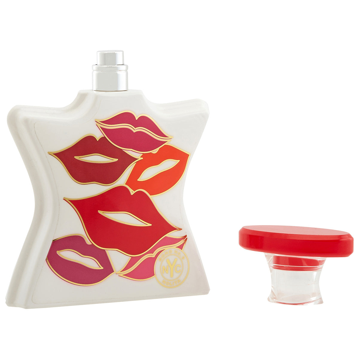Perfume bottle with red and orange lips design on a white background