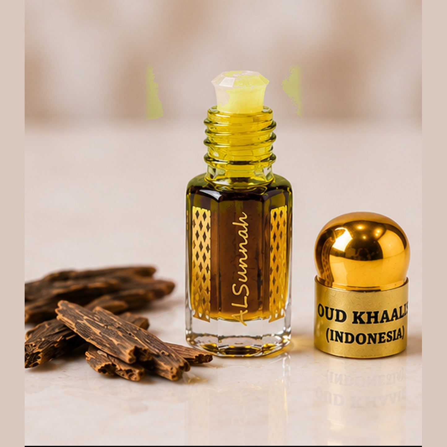 Oud Khaalis Indonesia by AlSunnah 3ml pure oud oil open bottle on marble
