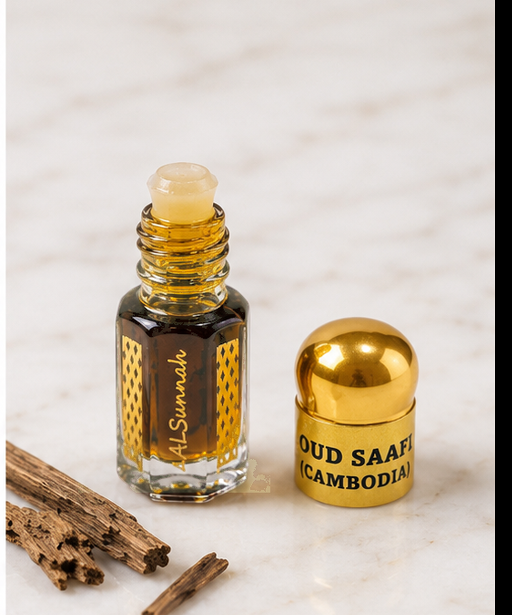Oud Saafi Cambodia by AlSunnah 3ml pure oud oil open bottle on marble